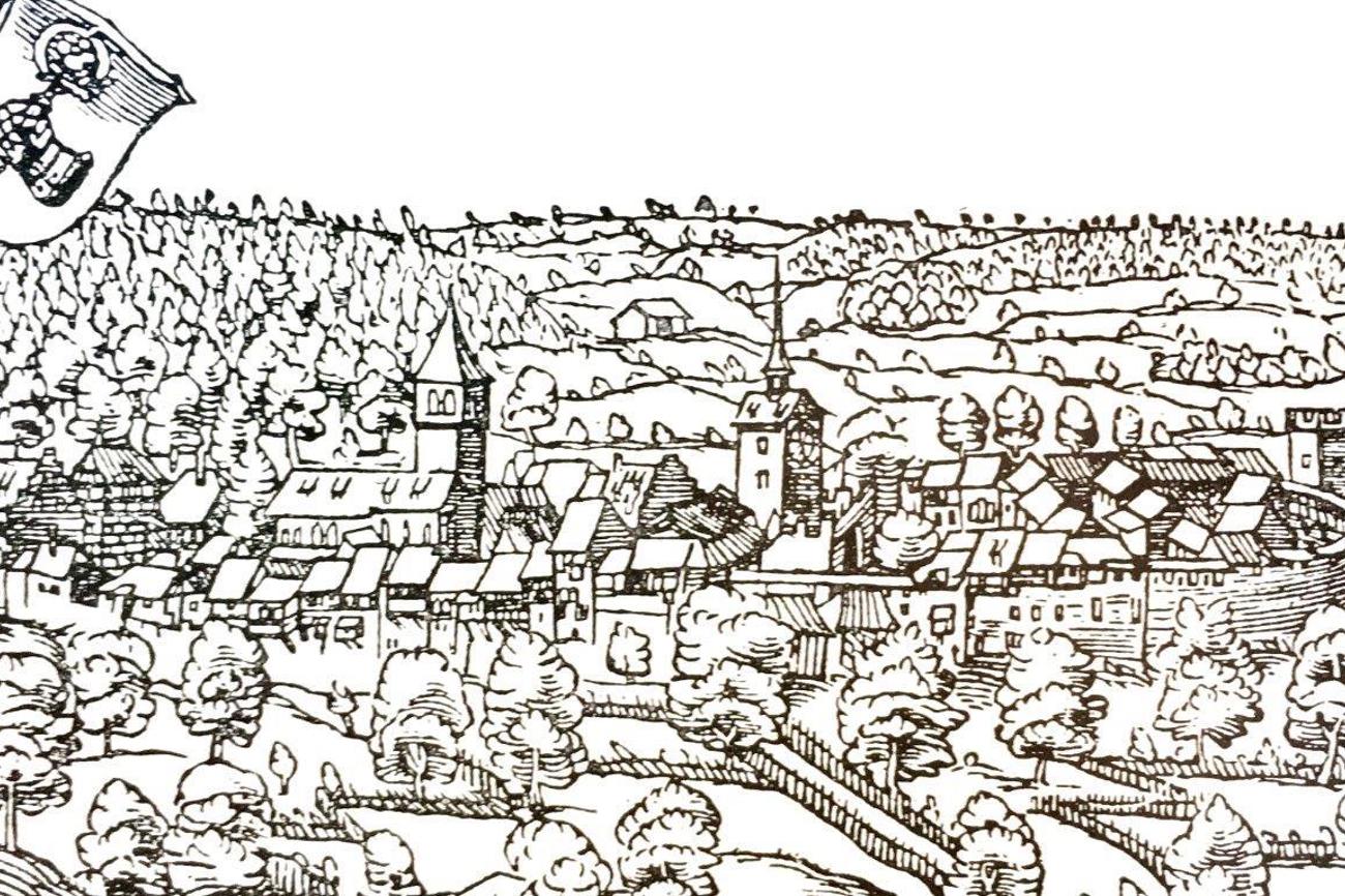Ansicht der Stadt Bischofszell von Süden, wie sie Zwick und Blarer gesehen haben. (Bild: Holzschnitt aus Stumpfs Eidgenössischer Chronik 1548)