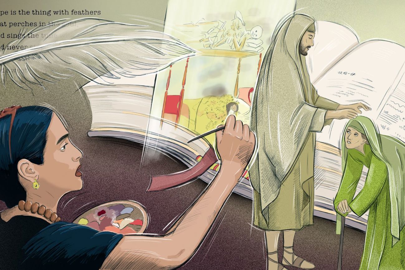 Spannungsfeld: Die weltberühmte Künstlerin Frida Kahlo brachte ihre lebenslangen Schmerzen in ihren Bildern zum Ausdruck, und die Geschichte der verkrümmten Frau in der Bibel lehrt uns, dass wir Hoffnung auf Heilung haben dürfen. (Zeichnung: Patrick Angst)