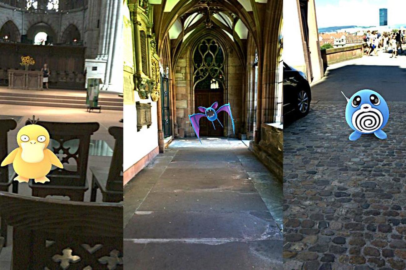 Pokémon im und um das Basler Münster: (v.l.n.r) Enton, Zubat und Quapsel.