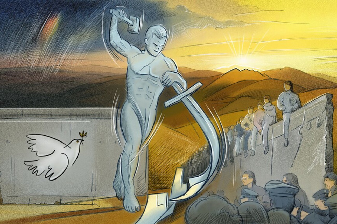 «Schwerter zu Pflugscharen»: Der Prophet Micha beschreibt das Friedensreich Gottes der Zukunft. Die gleiche Symbolik wurde auch für ein Monument beim UNO-Gebäude in New York (Mann im Vordergrund) aufgegriffen und inspirierte die Friedensbewegung, die zum Fall der Berliner Mauer geführt hat. (Zeichnung: Patrick Angst)