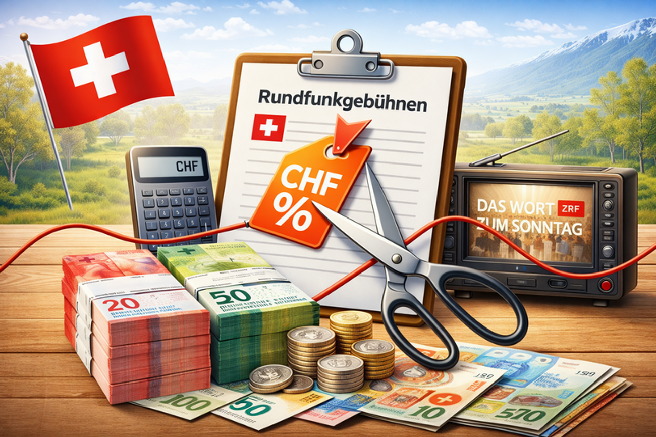 Kirchliche Sendungen im Schweizer Radio und Fernsehen SRF werden gebührenfinanziert und könnten von Sparmassnahmen betroffen sein. (Bild: ChatGPT)