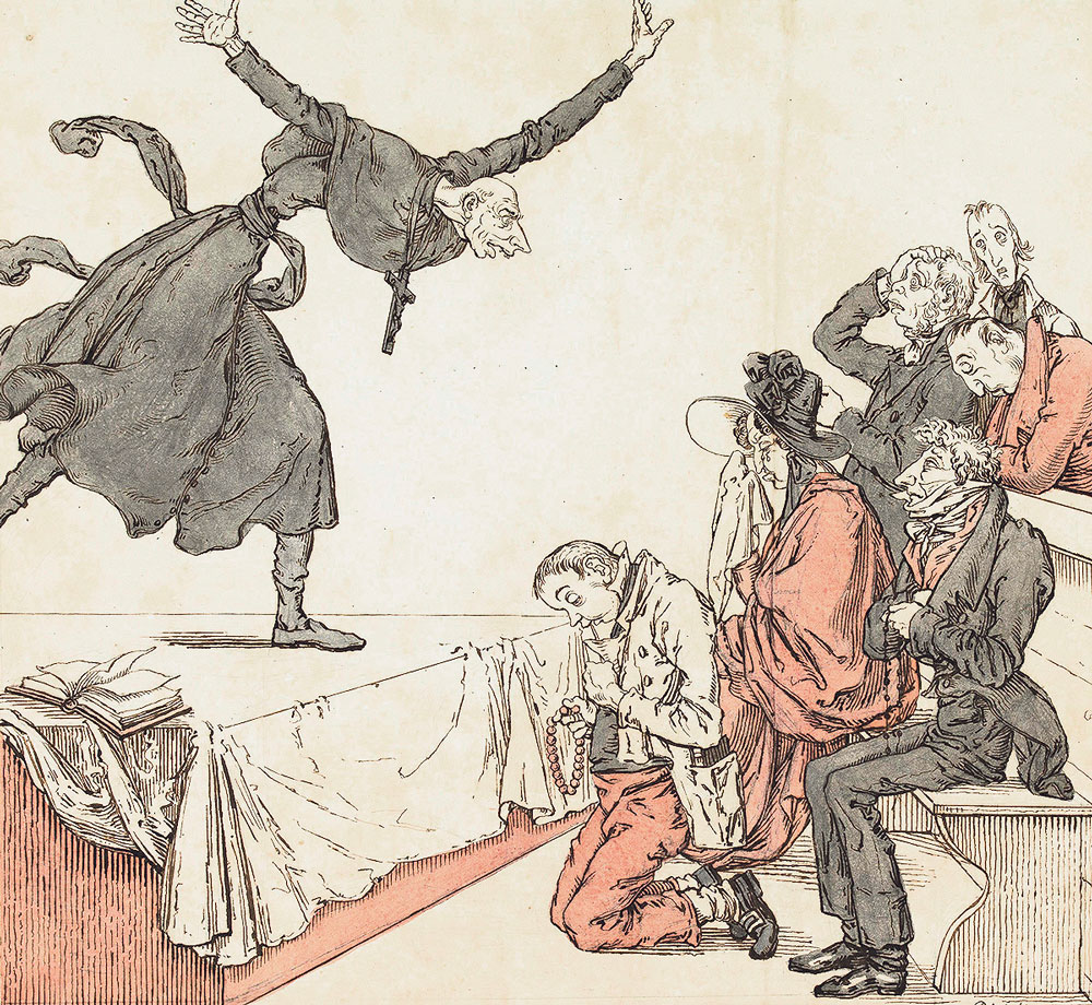 Die zwei wichtigsten Streitpunkte im Ringen um den Bundesstaat waren die Klöster und der Jesuitenorden. Aus liberaler Sicht verschärften sie die konfessionelle Spaltung des Landes. Die von einem liberalen Katholiken gezeichnete Karikatur führt einen Jesuiten vor, der den Gläubigen einheizt. Martin Disteli, «Zelotenpredigt», Entwurf zu einem Taschentuch, Solothurn, um 1834. | Musée d’art et d’histoire Genève