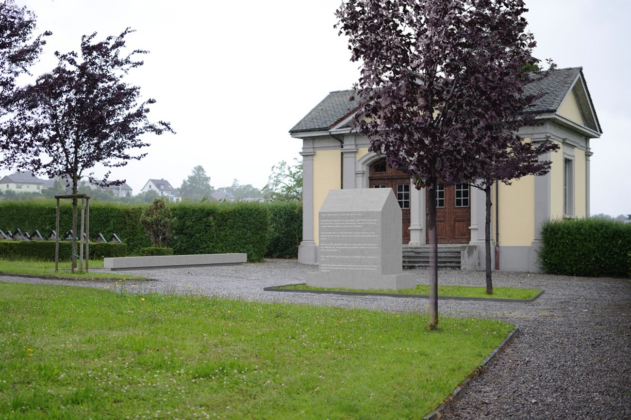 Das Montagebild zeigt das Sandsteinhaus als «Zeichen der Erinnerung» auf dem ehemaligen Spitalfriedhof Münsterlingen. (Bild: Eugen Happacher)