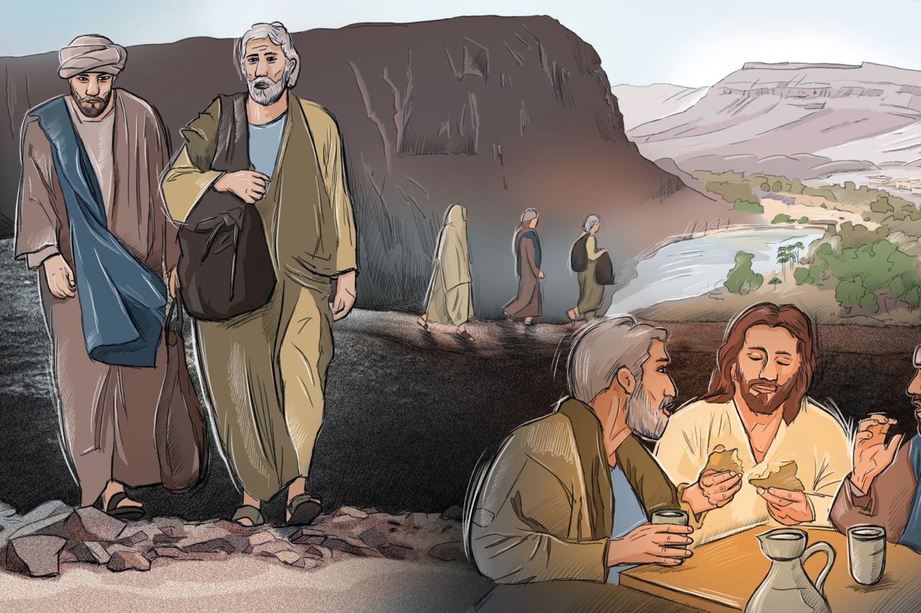 Zwei Trauernde auf dem Weg nach Emmaus. Dabei begegnen sie einem Fremden. Erst nach dem Brotbrechen wird klar: Das muss Jesus gewesen sein! (Zeichnung: Patrick Angst)