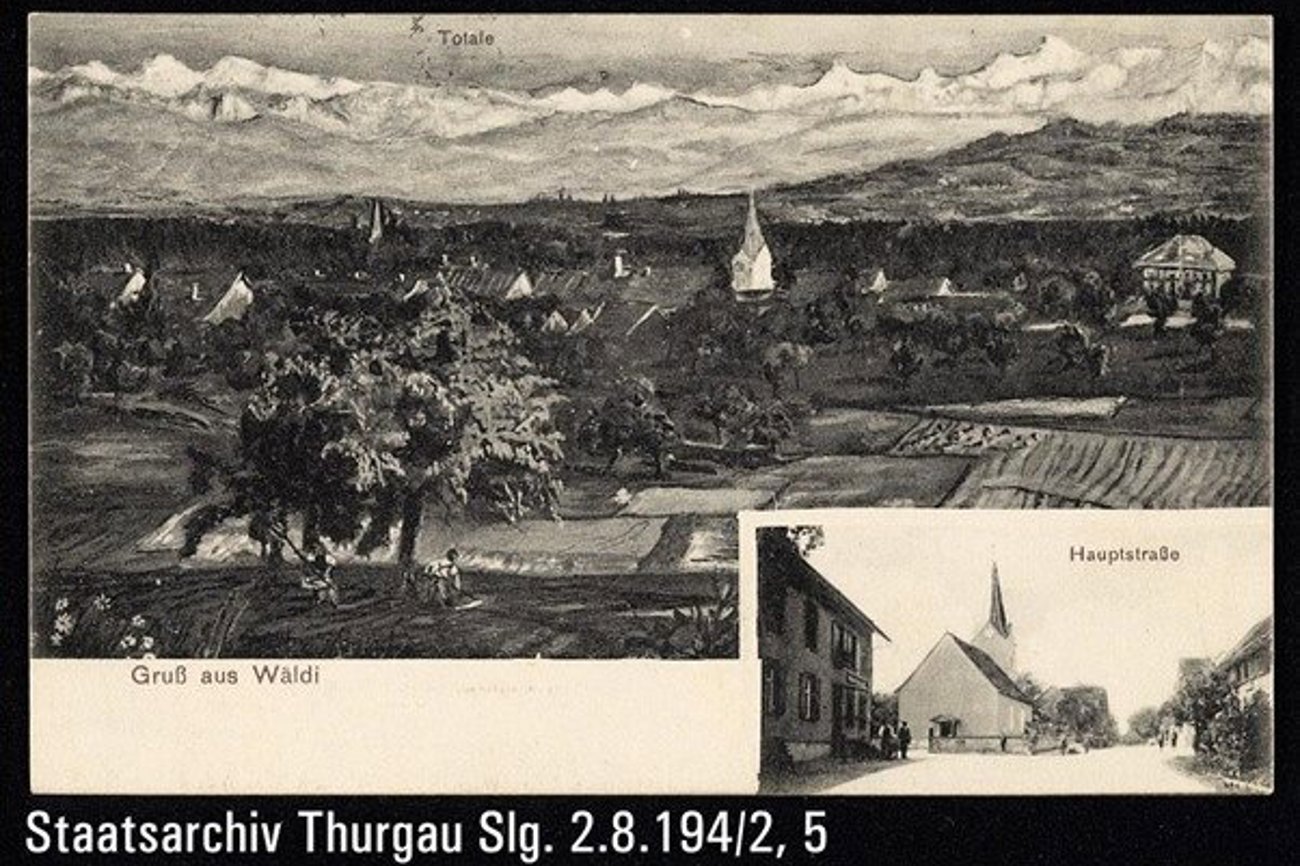 Eine Postkarte aus den 1950er-Jahren zeigt die Wäldener Kirche, die das Ortsbild seit 300 Jahren prägt. (Bild: Staatsarchiv Thurgau)