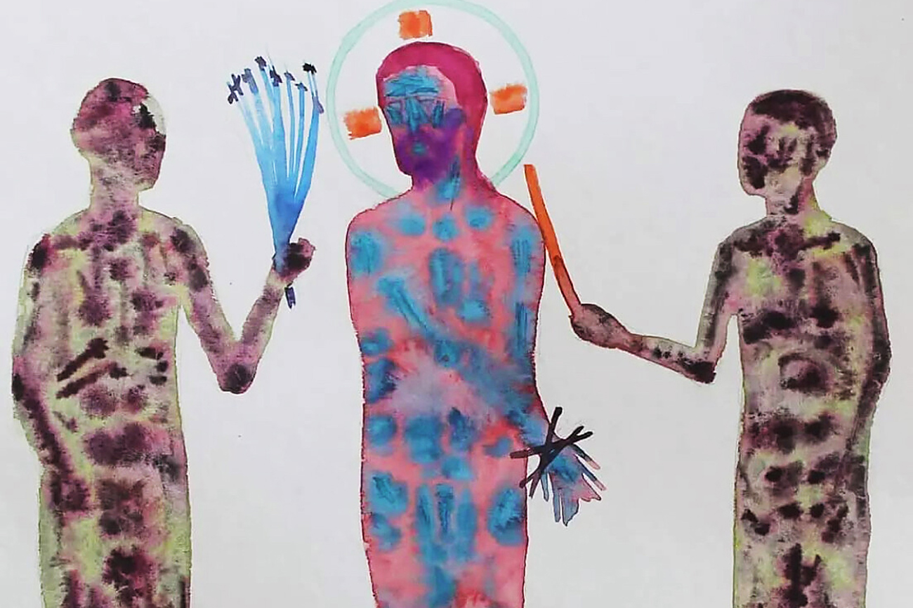 Russen foltern Jesus Christus. Aquarell auf Papier, 35 x 30 cm, von Danylo Movchan. Russen foltern Jesus Christus. Aquarell auf Papier, 35 x 30 cm, von Danylo Movchan.