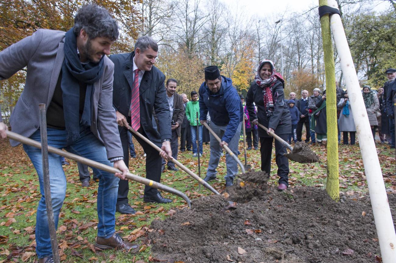 Gemeinsames Handanlegen, damit der Friedensbaum fest in der Erde steht. |LEUTERT/