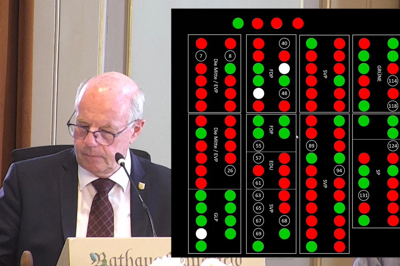 Auf dem Bild ist Grossratspräsident Andreas Zuber zu sehen. Daneben eine Grafik, die das Resultat der Abstimmung über den assistierten Suizid in Pflegeeinrichtungen anzeigt. (Bild: pd)
